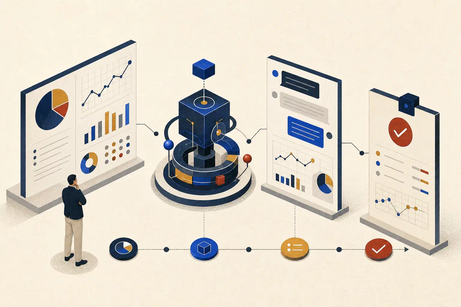 A business intelligence workspace connecting governed metrics to an AI-assisted investigation.