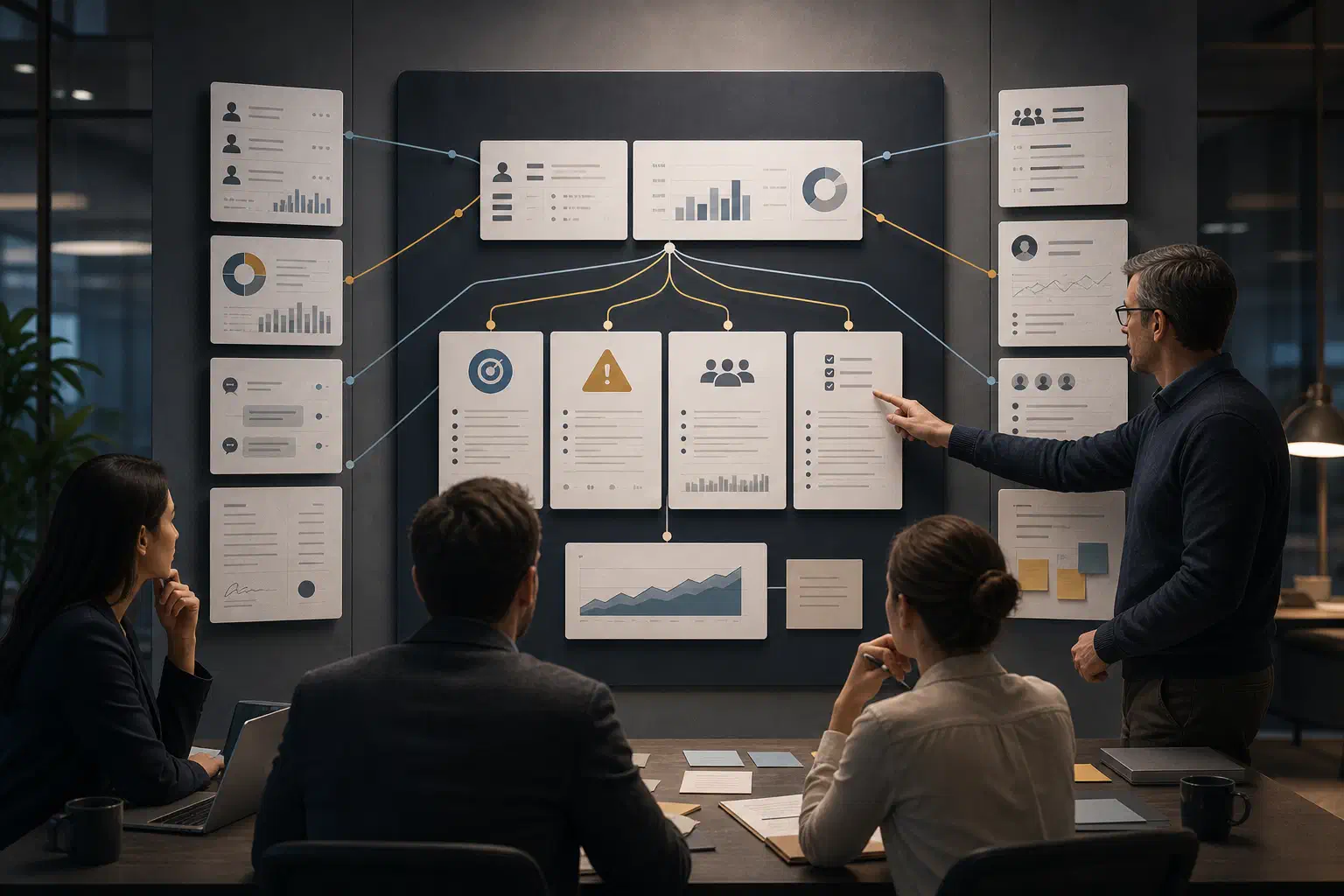 An account team reviews customer evidence, objectives, risks, stakeholders, and next actions on a shared planning board.