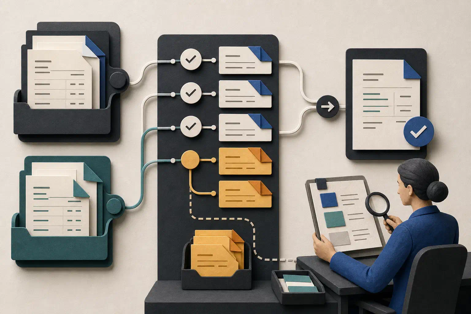 Two streams of financial records pass through matching rules while a finance reviewer inspects exceptions.
