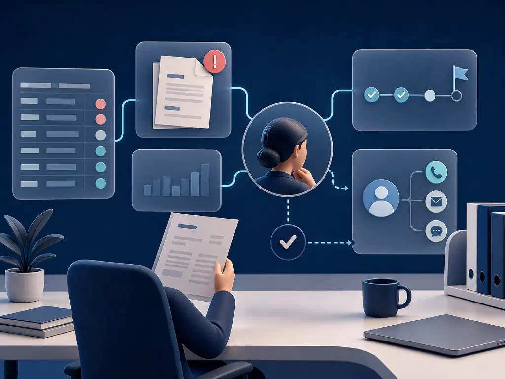 A finance collections analyst reviews an overdue invoice, account signals, and a human-approved customer contact route.