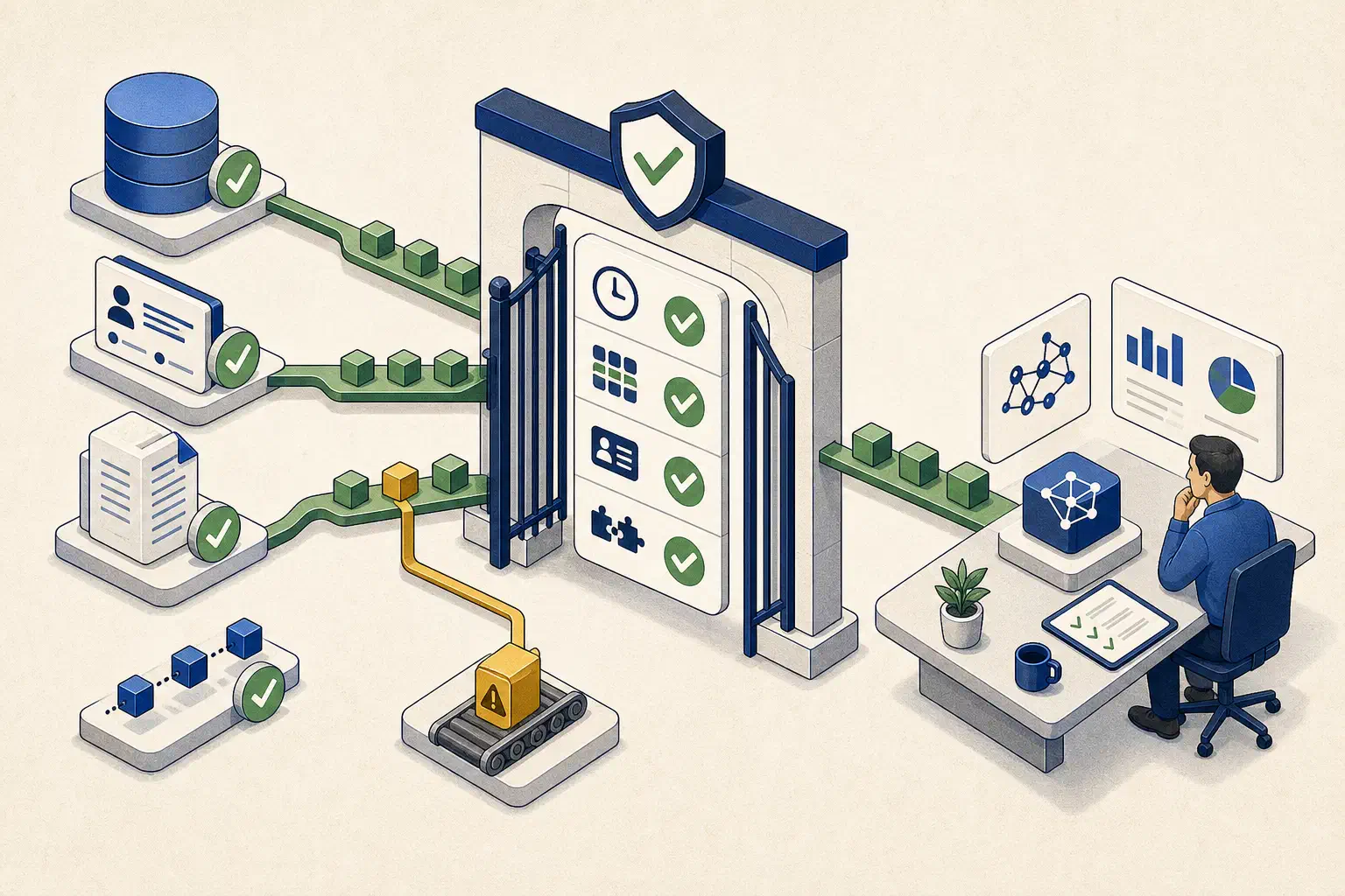Business data sources pass through quality checks before an AI agent uses the approved records, while a data owner reviews one rejected input.