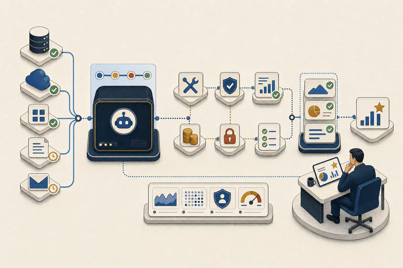 An operations view tracing an AI agent run from business sources through evidence and review.