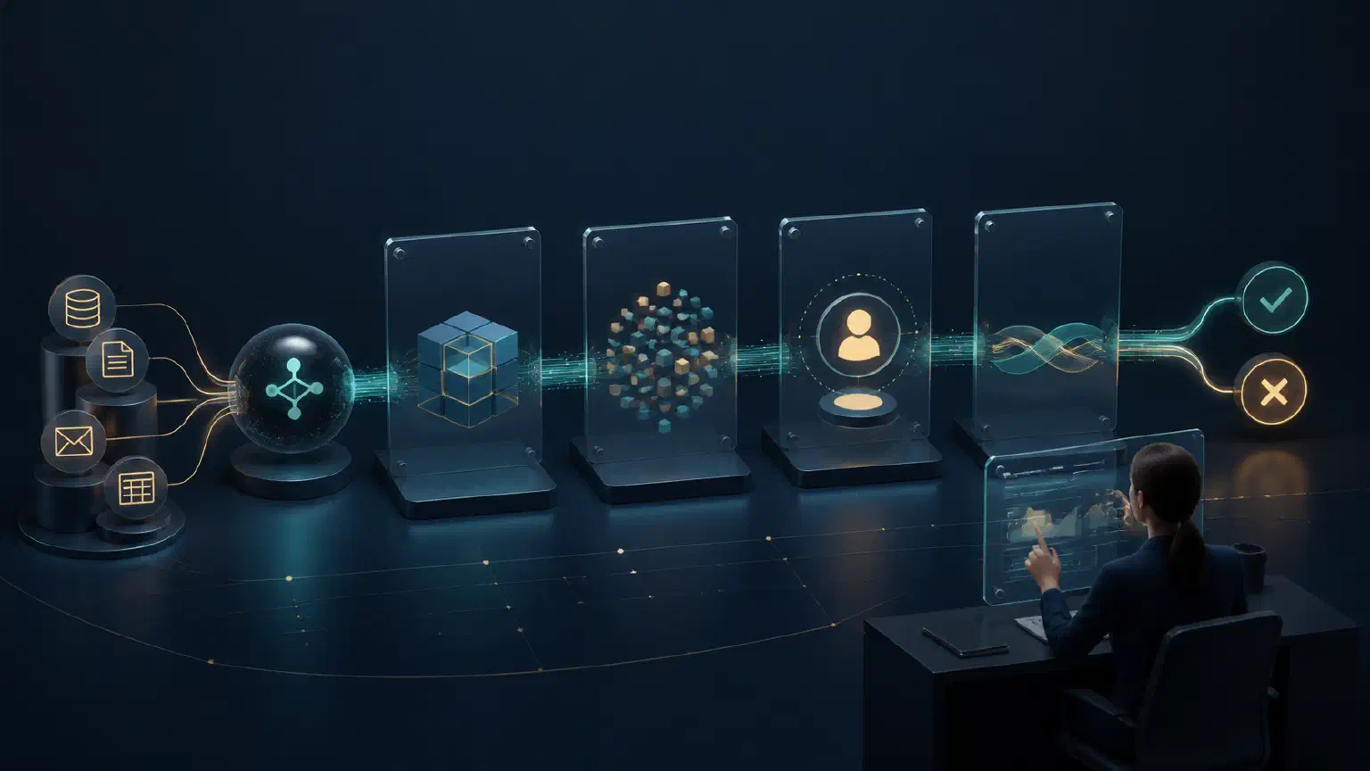 A human operator reviews an AI agent pilot moving through four controlled workflow checkpoints.