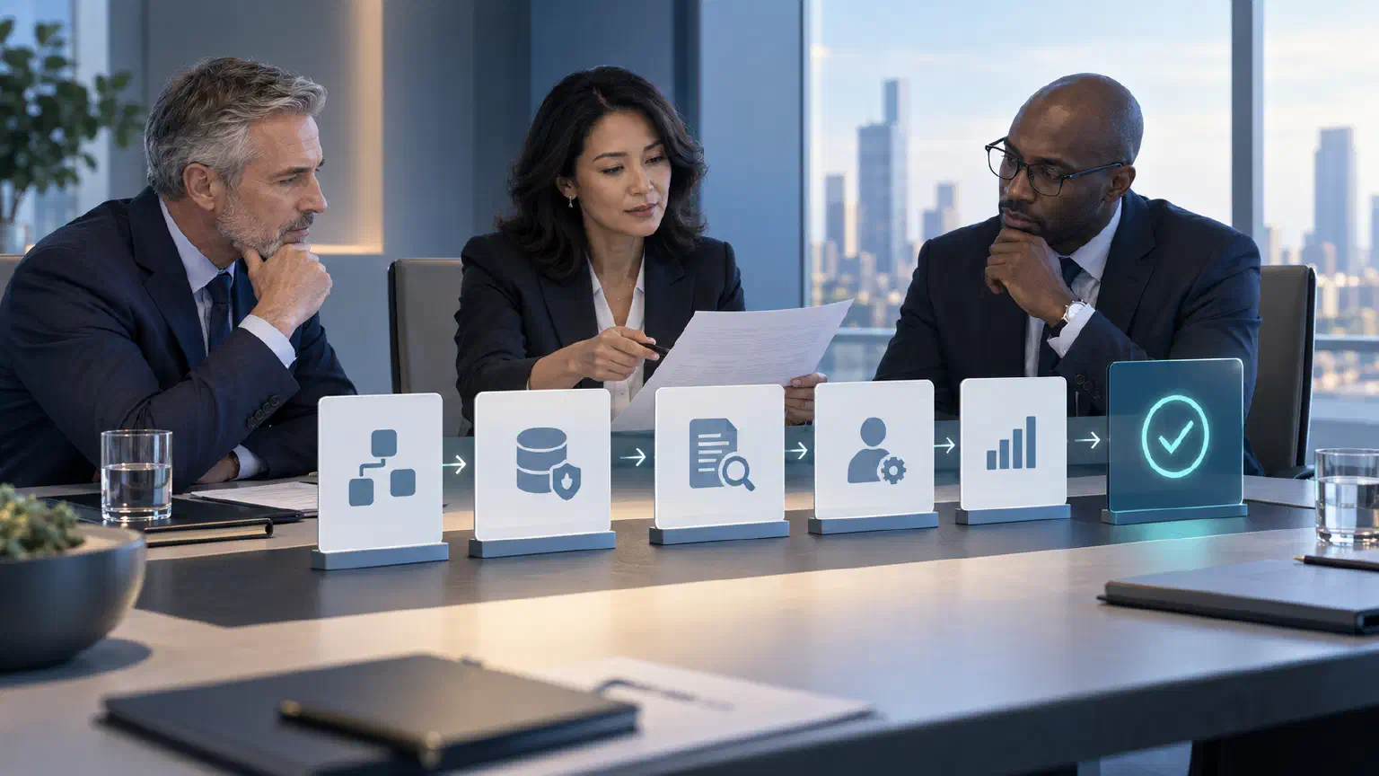 Three executives review a vendor evaluation packet with workflow, data-access, evidence, human-review, and decision checkpoints.