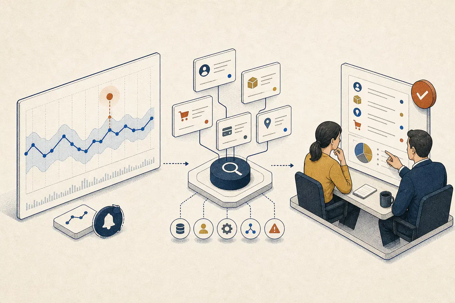 An unusual KPI point flowing through a business-data investigation to a human review.