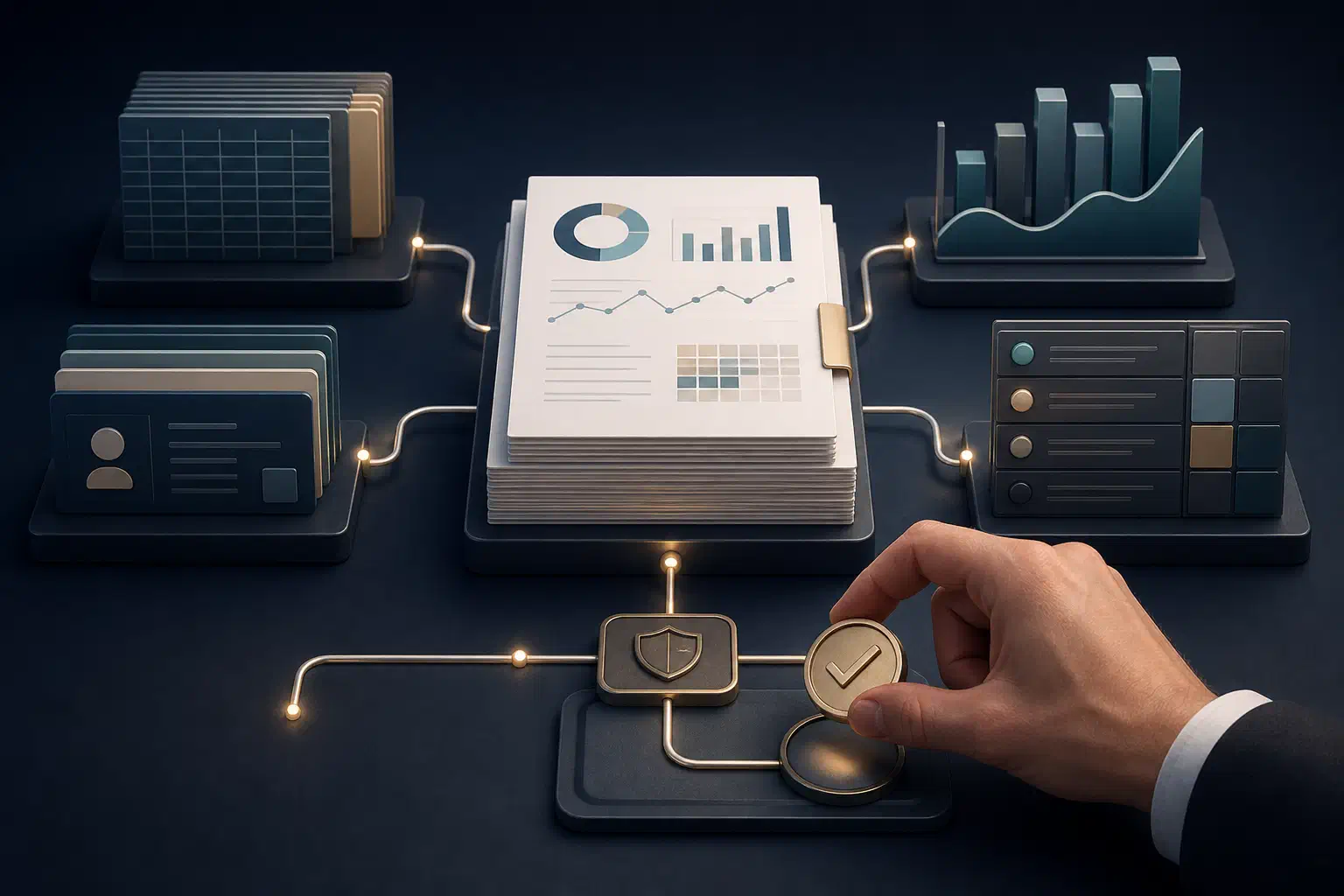 Business data sources connect to a board report while a reviewer applies an approval marker.