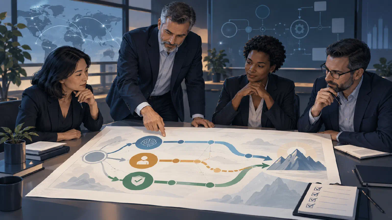 Business leaders review a continuity map with AI-assisted, human-fallback, and verified-recovery paths.