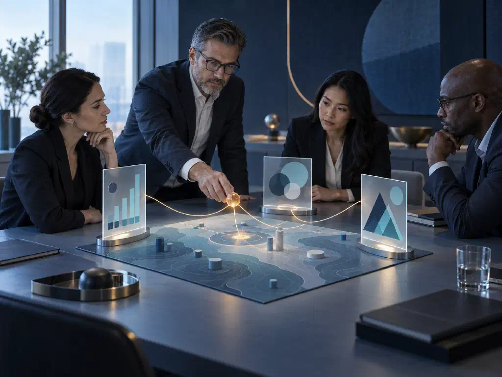 Four executives review three investment options around a lighted allocation map.