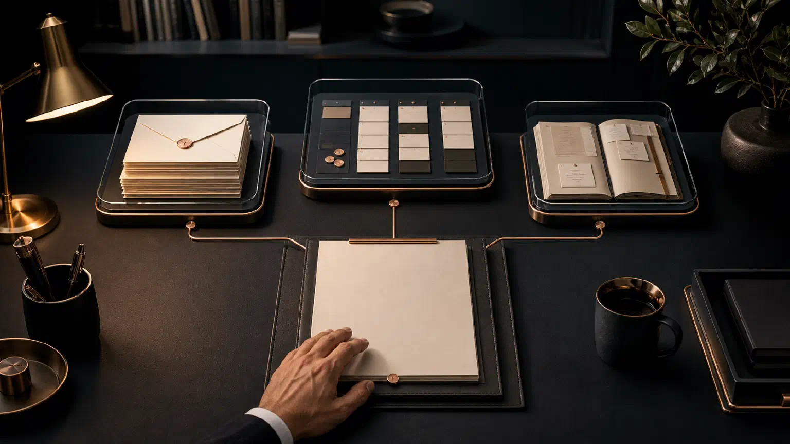 An executive desk connects communications, operating priorities, and relationship records to a central decision brief.