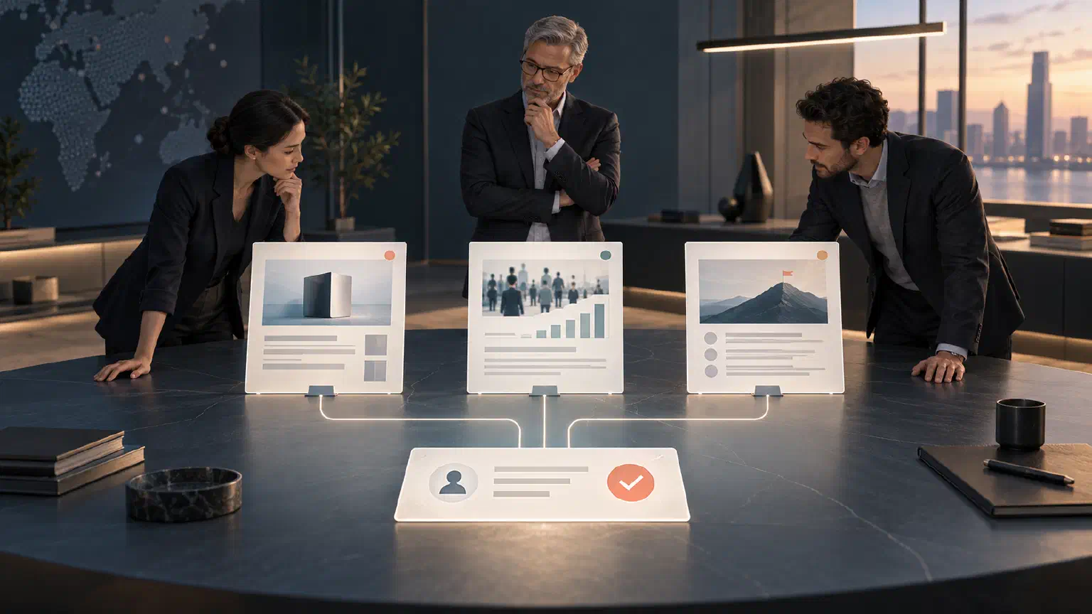 Three executives review separate market, customer, and product-evidence cards that lead to a human approval decision.