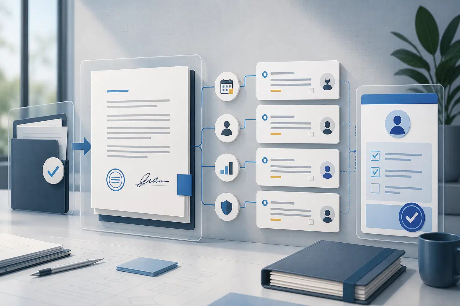 A contract obligation review moving from a signed agreement to dated milestones, owners, evidence, and human approval.
