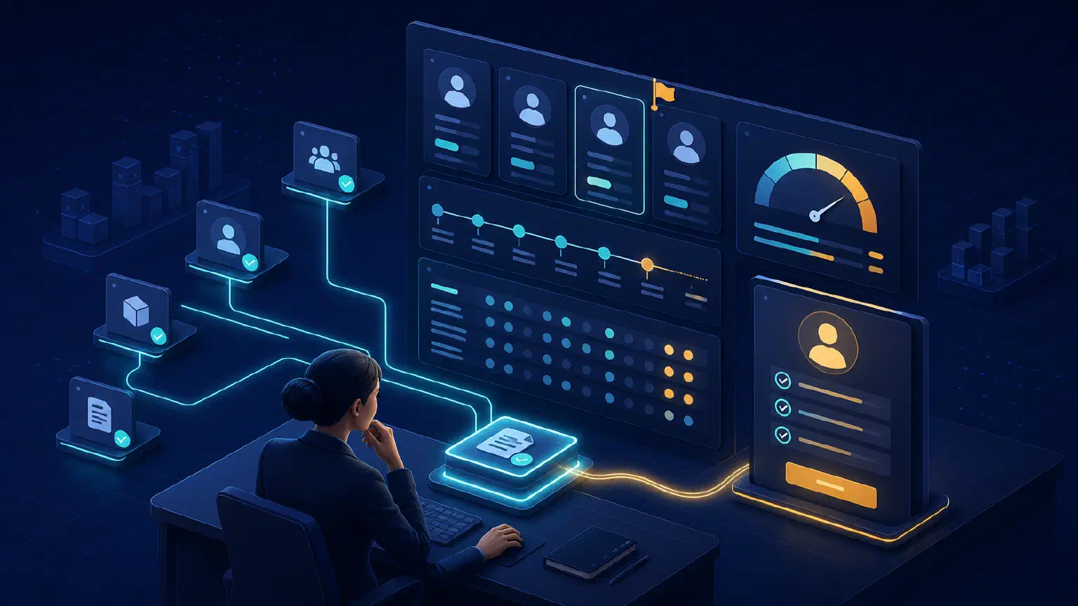 A finance analyst reviews connected customer account evidence, a credit-exposure gauge, and a clearly separated approval panel.