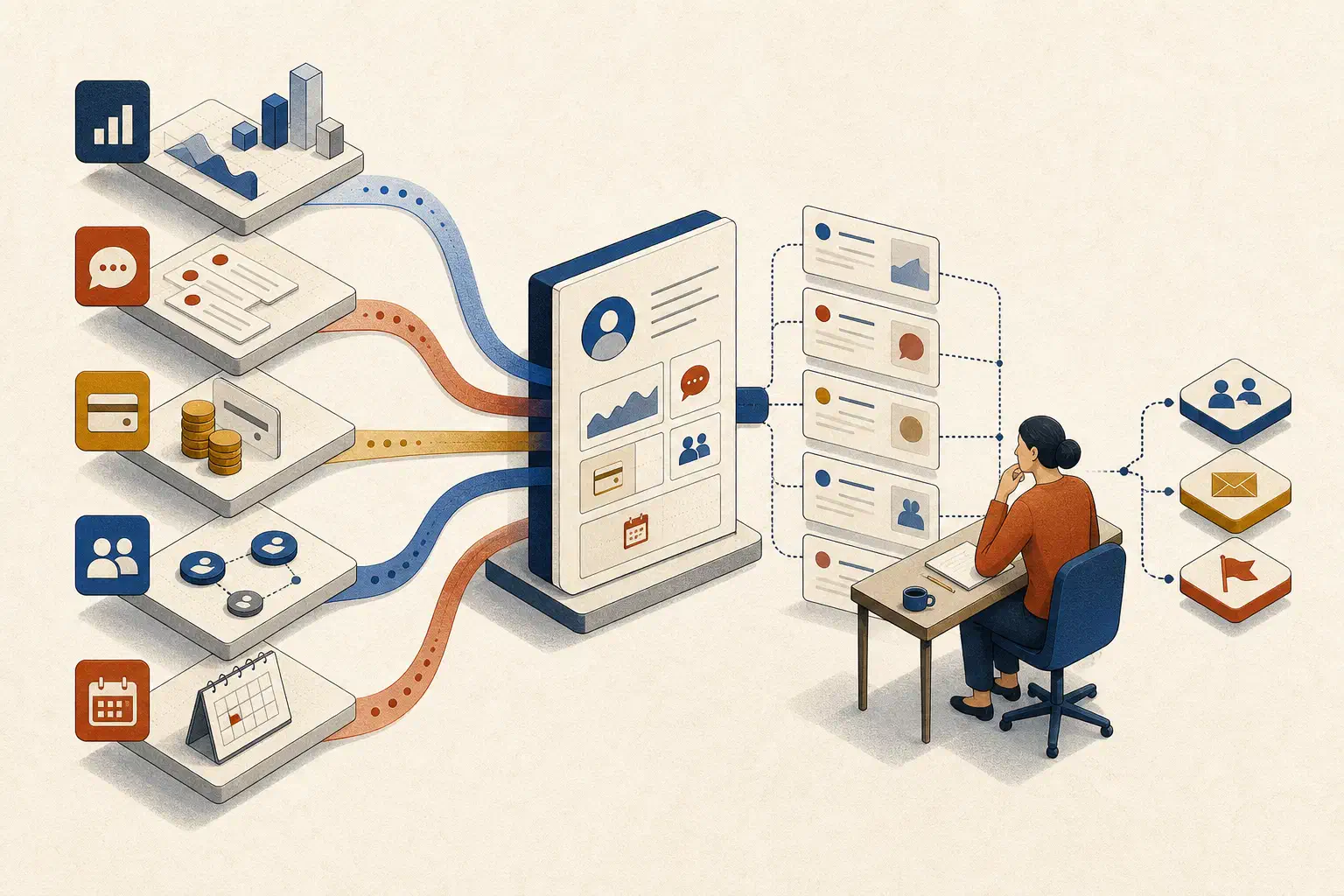 Customer usage, support, relationship, and commercial signals converging into a health review.
