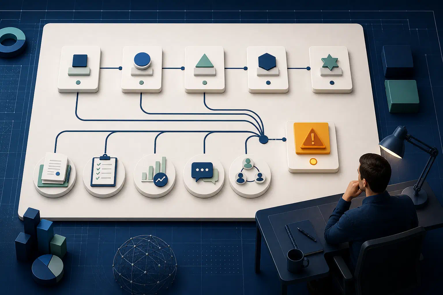A customer onboarding journey connected to contract, task, usage, support, and stakeholder evidence, with one risk flagged for human review.