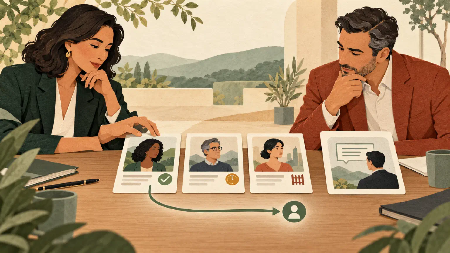 Two executives review customer profile cards marked with permission, waiting, and unavailable symbols before selecting a reference.