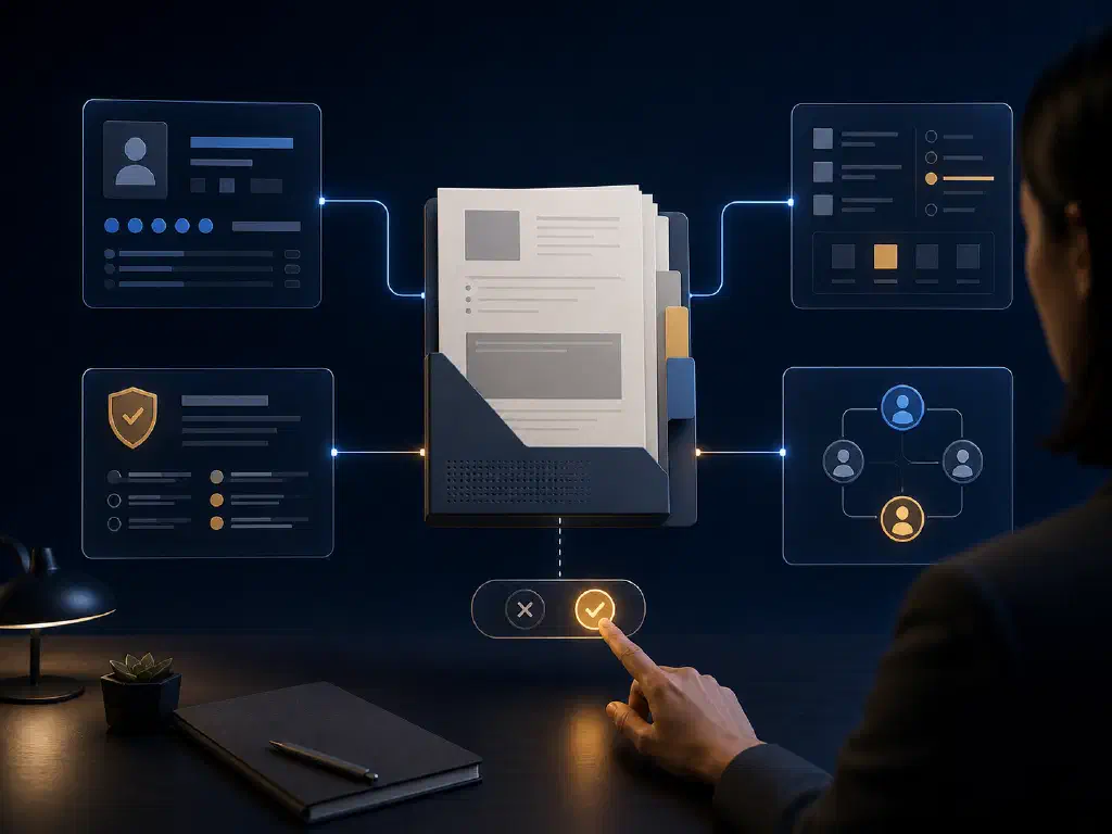 A reviewer approves a structured deal packet connected to pricing, policy, contract, and routing panels.