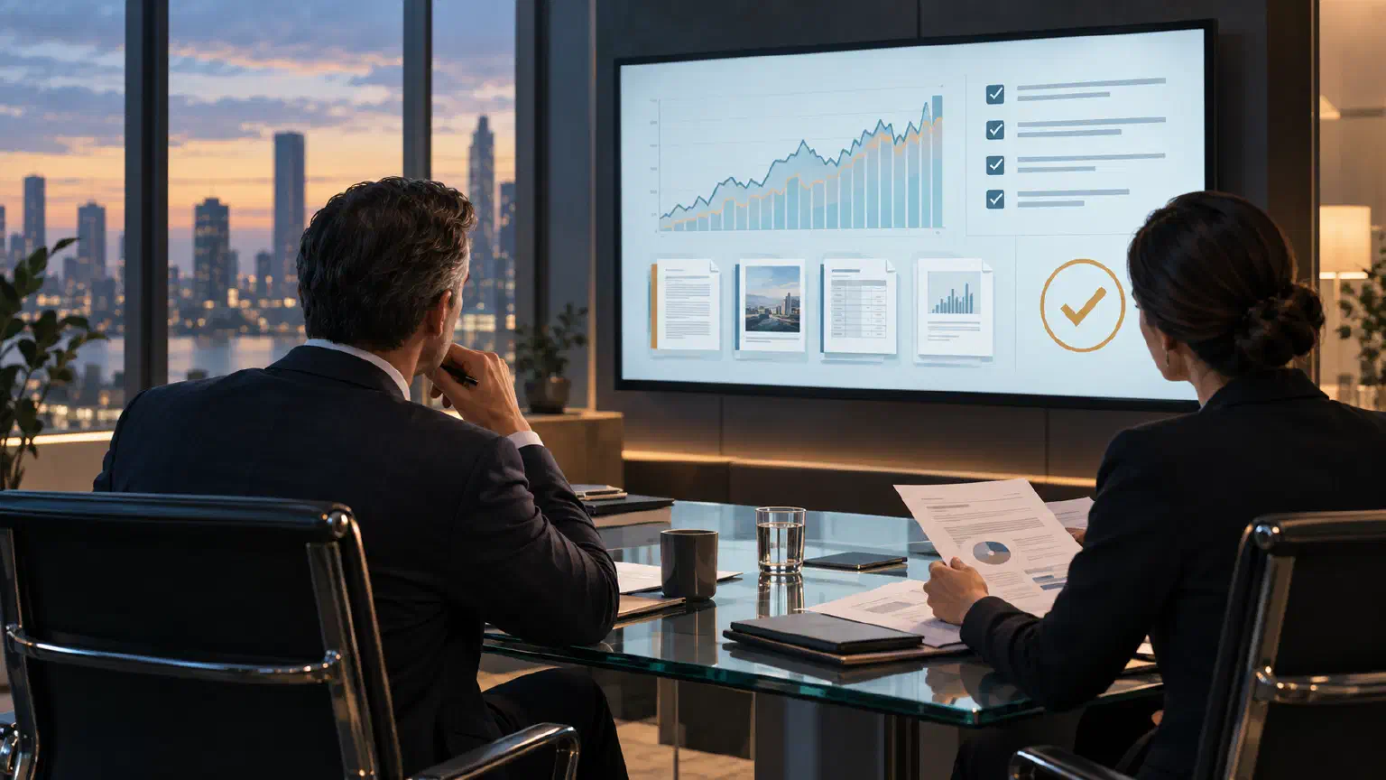 A CFO and investor-relations leader review a chart, source documents, and approval checklist before an earnings call.