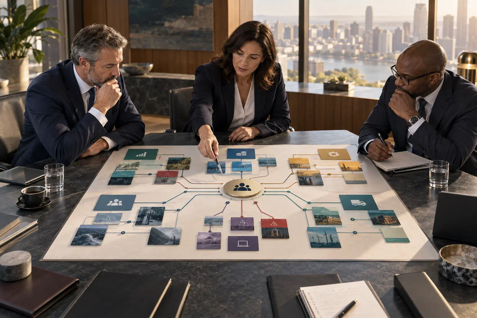 Three executives review a connected portfolio of financial, operational, customer, supplier, and technology risk evidence.
