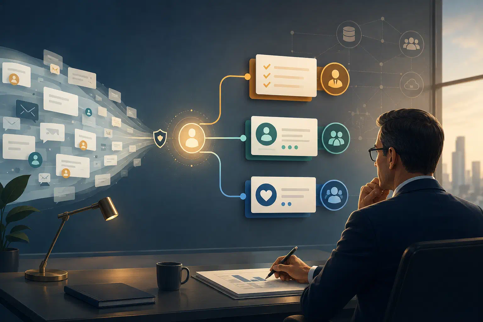 A leader reviews business communications routed into decision, delegated work, and relationship follow-up paths.