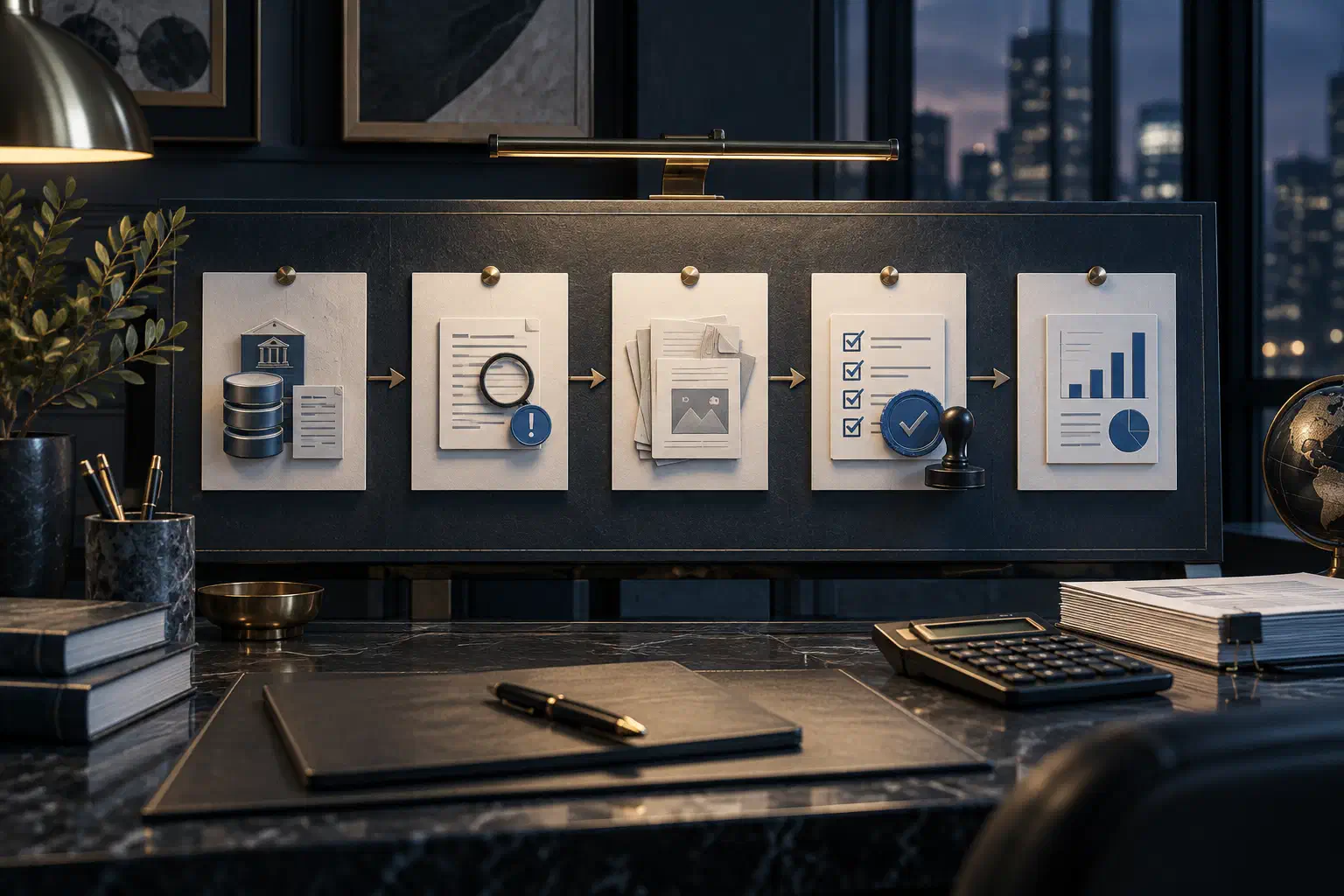 A finance close board shows source readiness, exception review, evidence, sign-off, and management reporting in sequence.