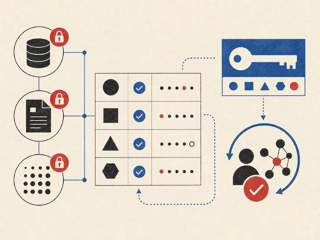 Secured data and document sources connected to a governance review grid, access key, and accountable owner.