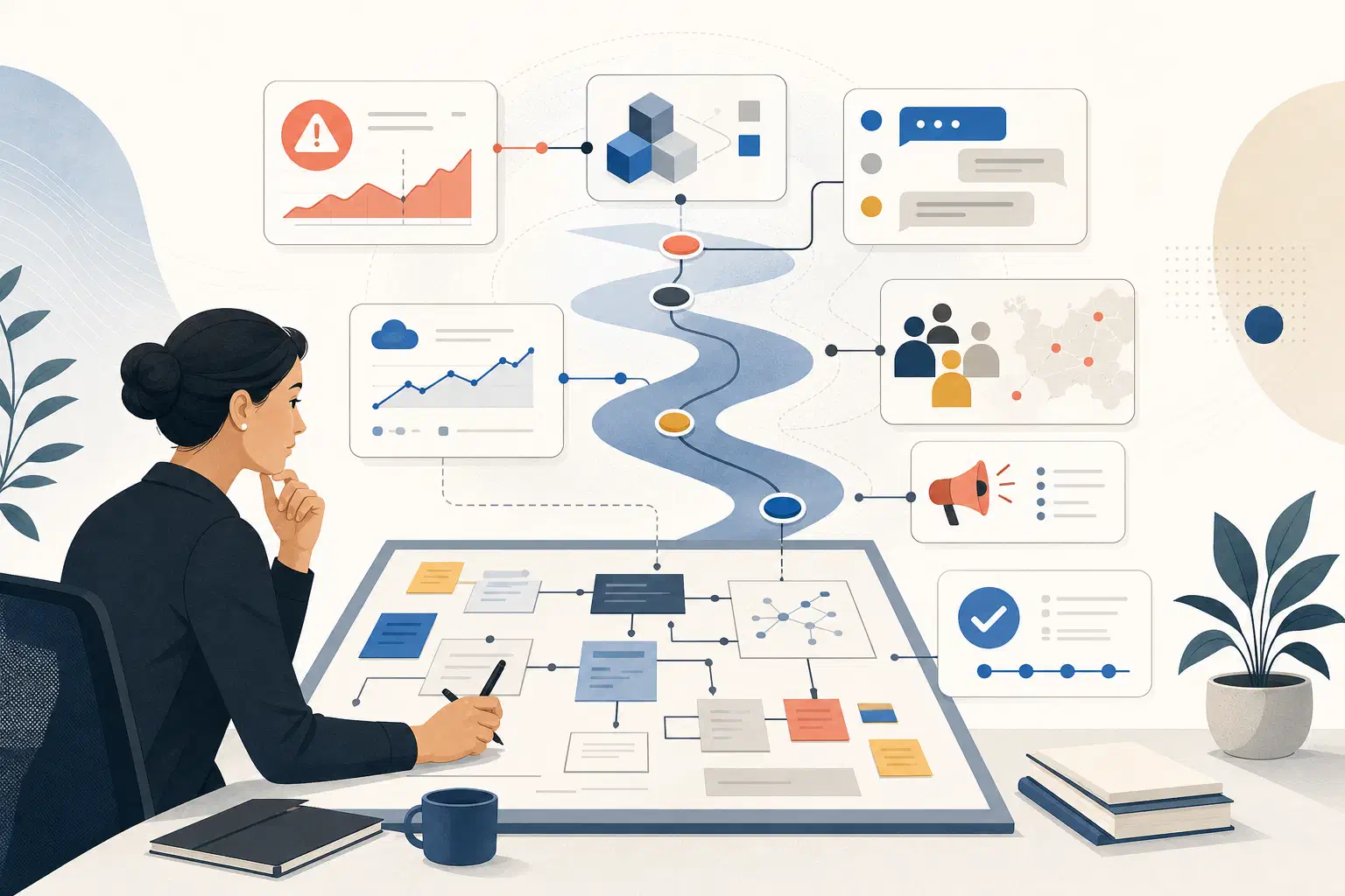 An incident commander reviews connected service alerts, customer impact, communications, and recovery evidence.