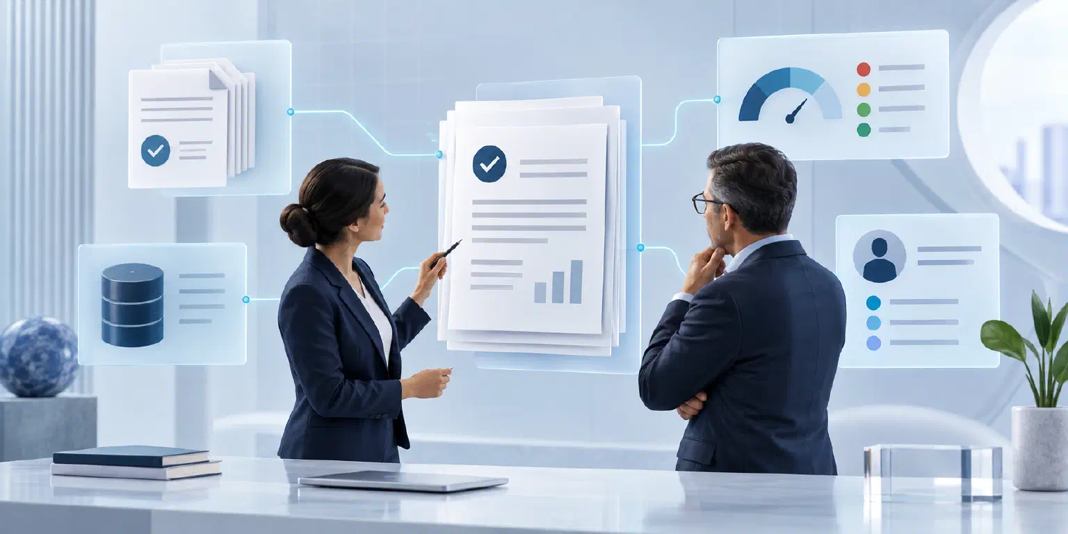 An audit lead and finance executive review an evidence packet connected to approved records and risk signals.