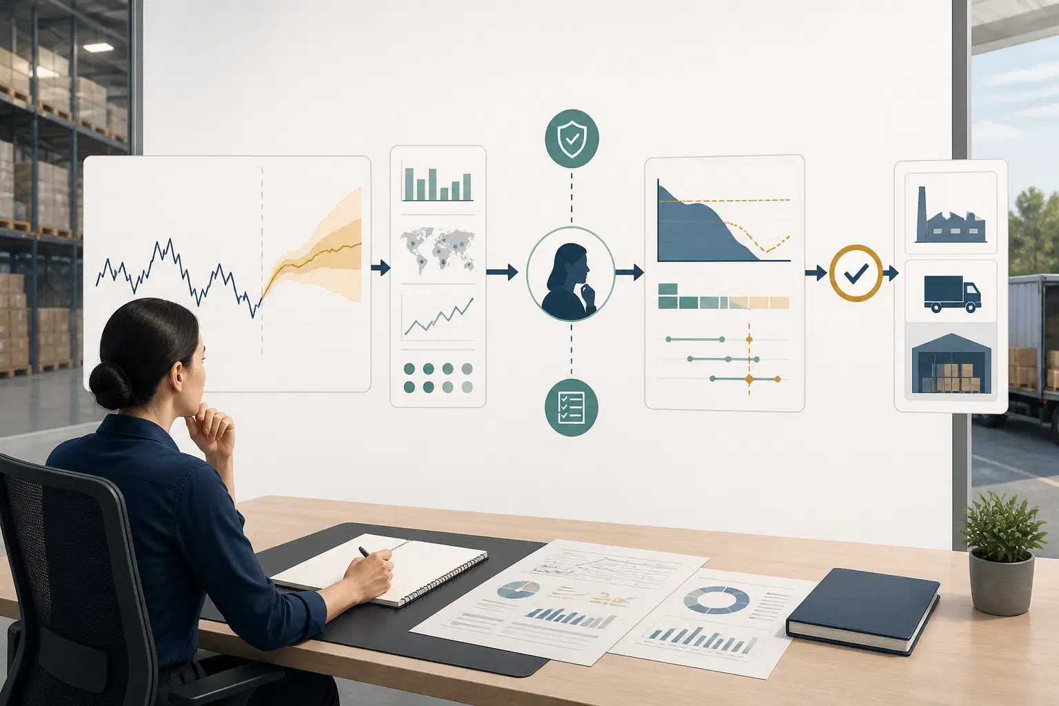 A demand planner reviews a forecast range, inventory signals, and a human-approved replenishment path.