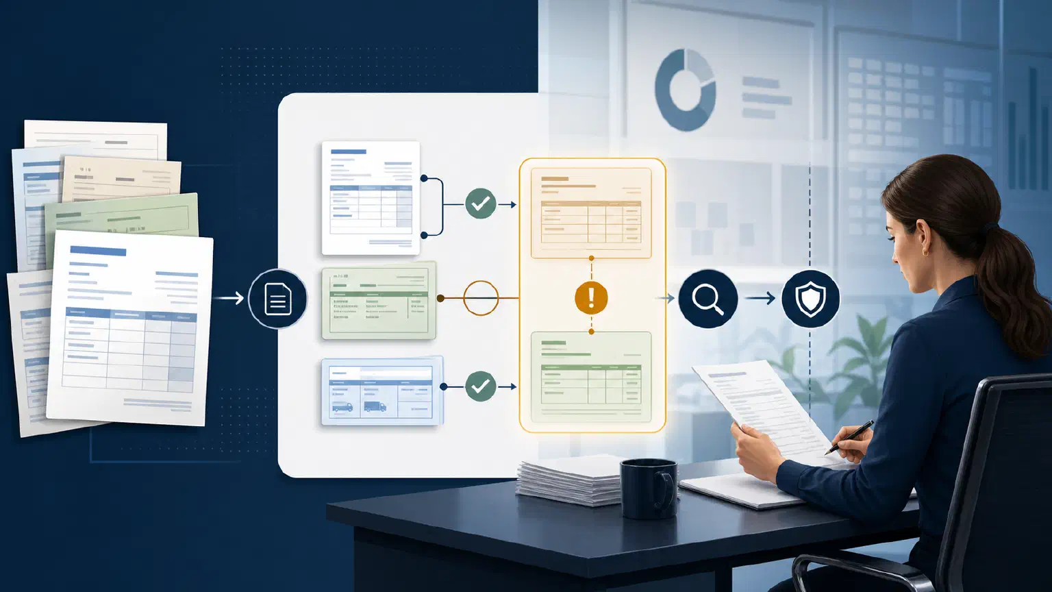 Invoices and purchase-order records move through matching and exception review while a finance operator checks the approval boundary.