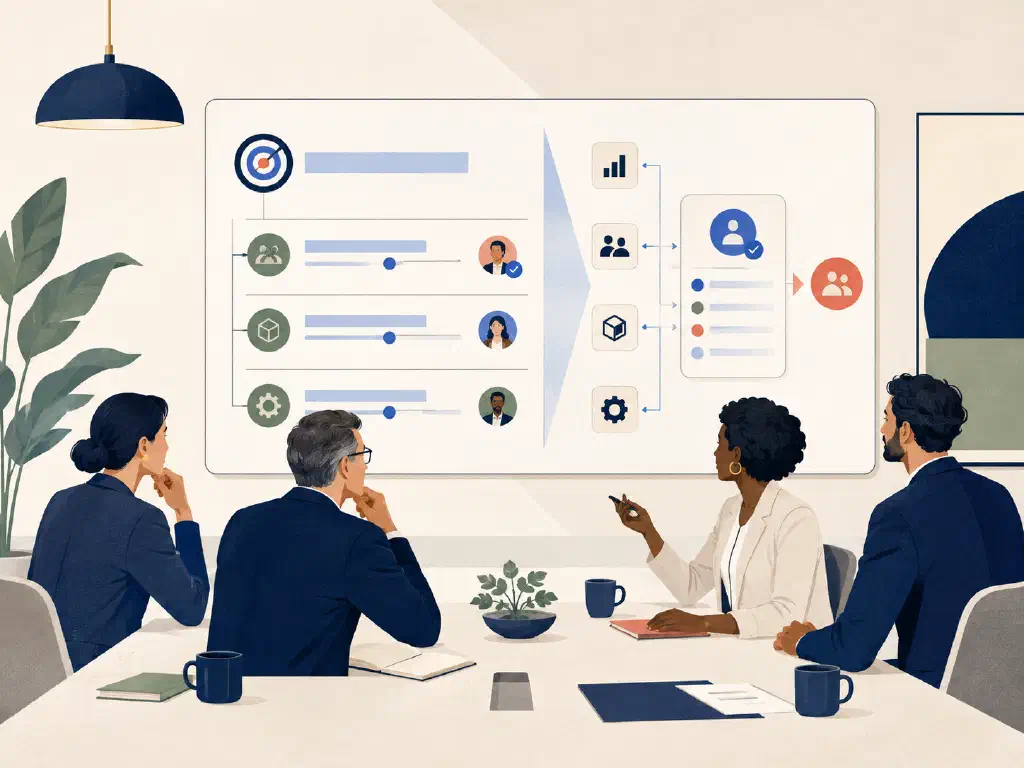 An executive team reviews a goal board that connects objectives and owners to evidence from business systems.