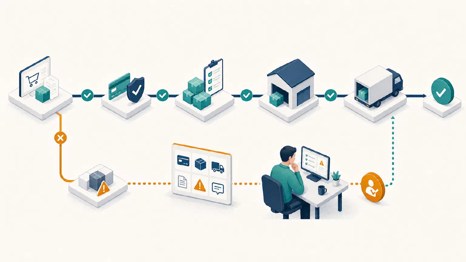 An order moves through payment, inventory, and fulfillment checks while one exception is routed to an operations reviewer.