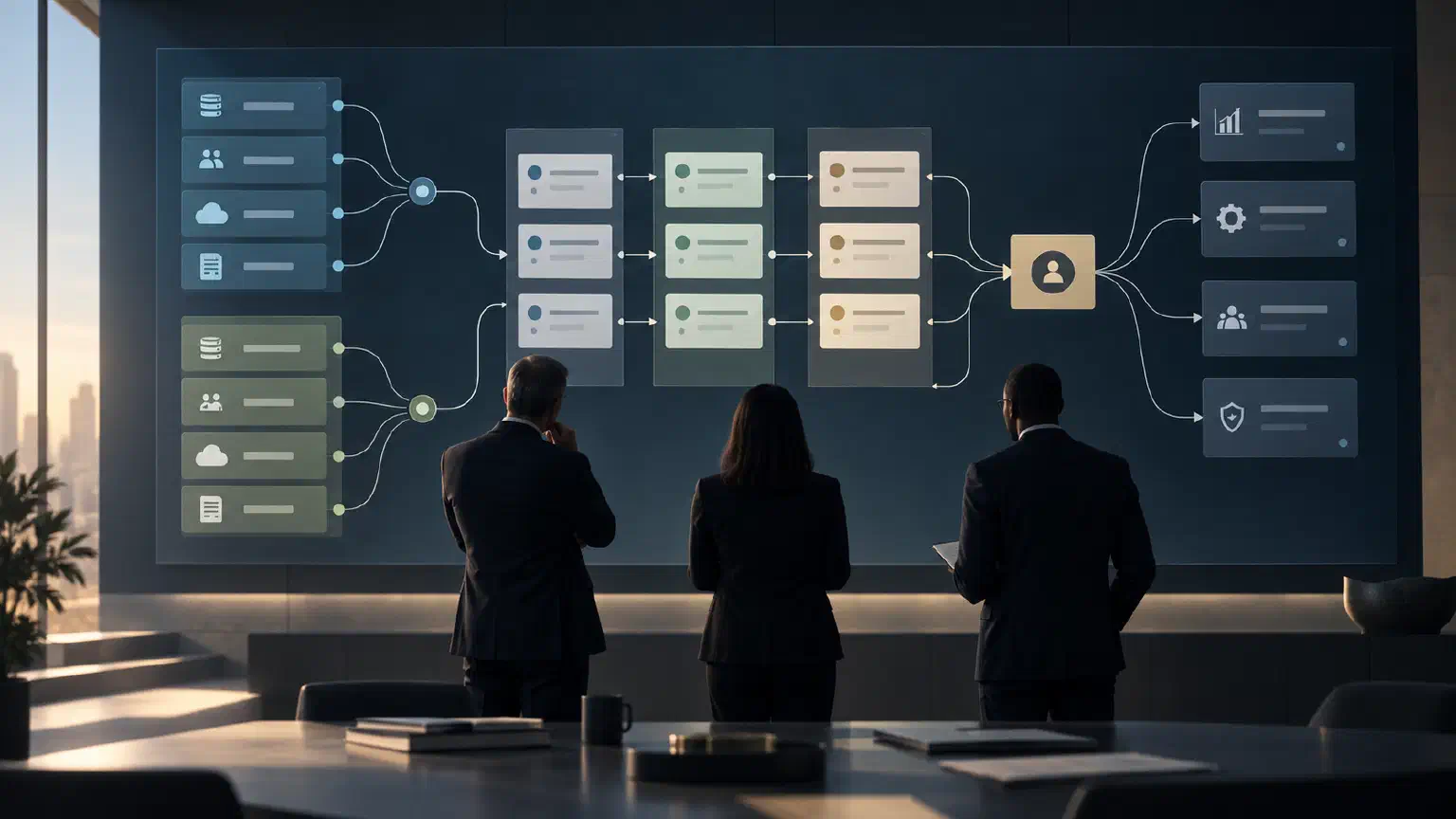 Three executives review a connected integration map that joins two business-system landscapes through evidence cards and a decision checkpoint.