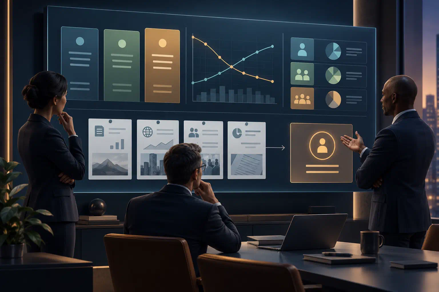 Three executives review customer segments, pricing trade-offs, evidence cards, and a human approval checkpoint on a large board.