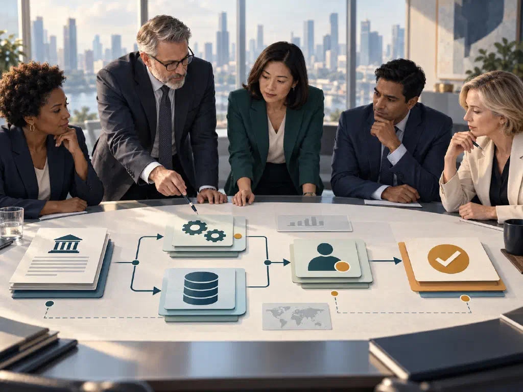 Executive team reviewing a visual map that connects a regulatory document, business processes, data, accountable owners, and approval.