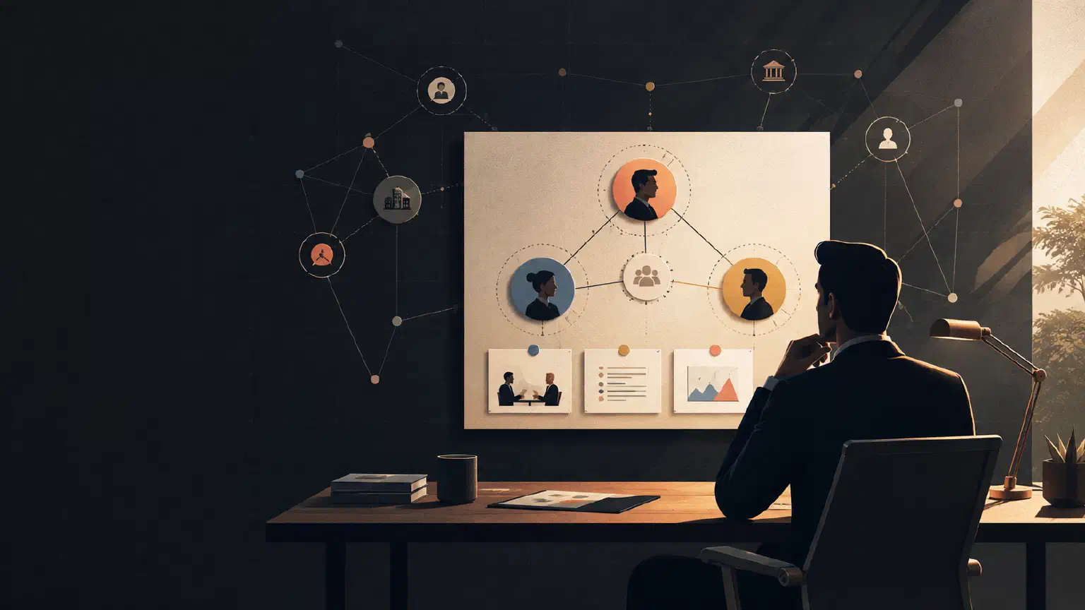 An executive reviews a focused relationship map with evidence from customer, partner, and employee interactions.