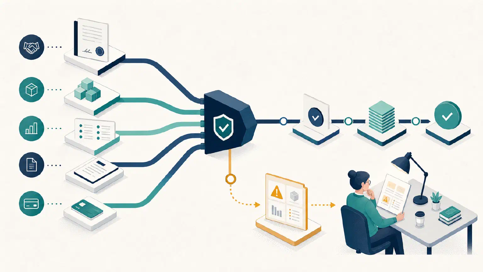 Contract, usage, invoice, credit, and collection records passing through a control gate, with one mismatch routed to a reviewer.