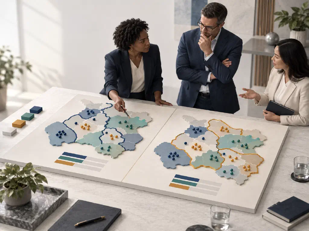 Revenue leaders comparing two abstract sales-territory maps with account clusters and different boundary options.