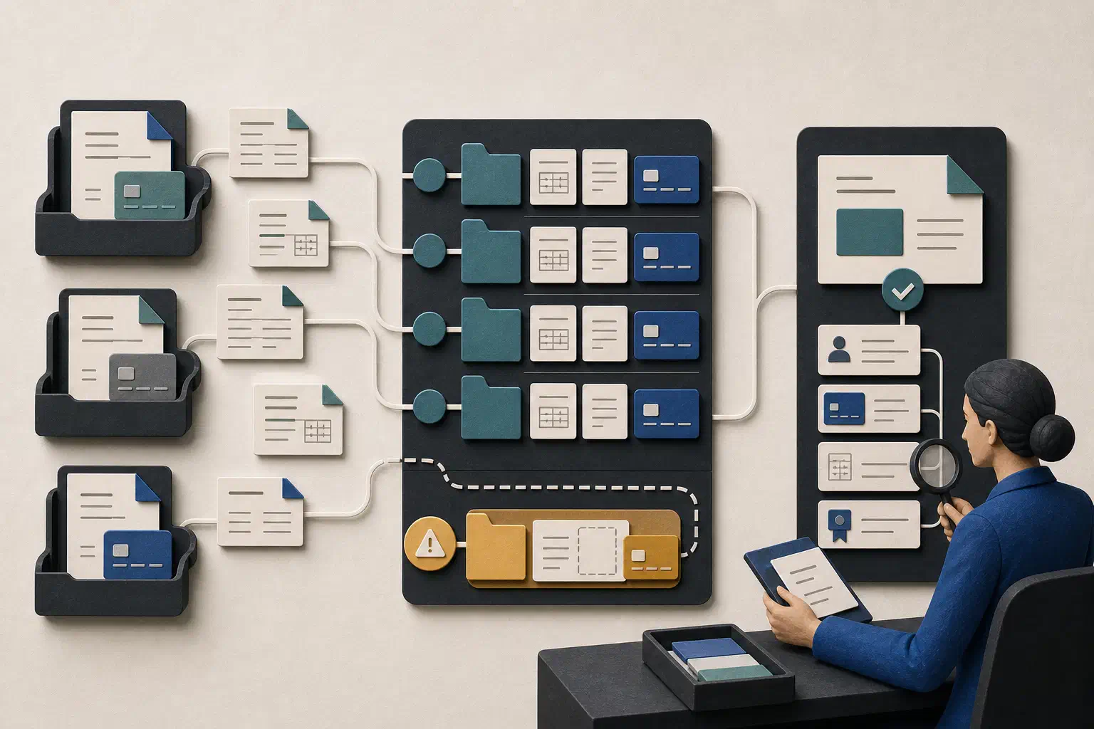 Procurement records move from separate source trays into spend categories, with an uncertain item routed to a human reviewer.