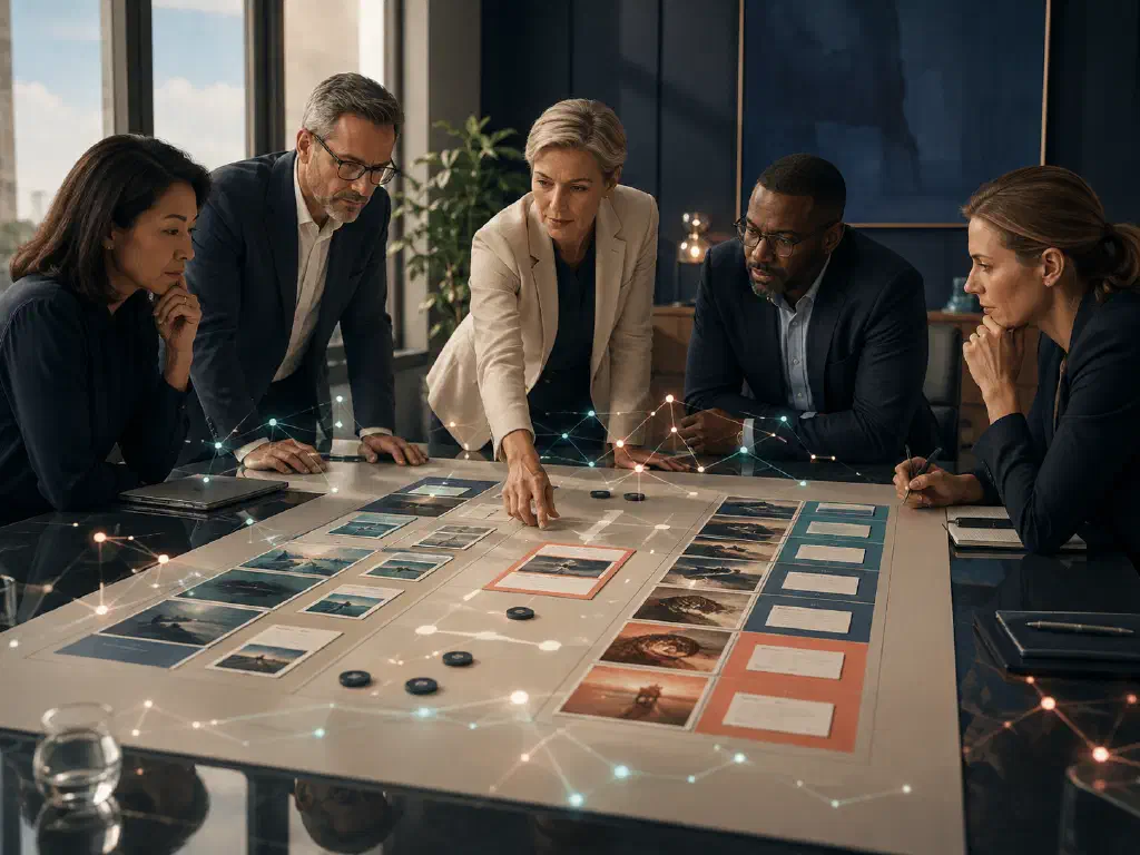 An executive team reviews a planning board that combines business evidence, options, and one human-selected priority.