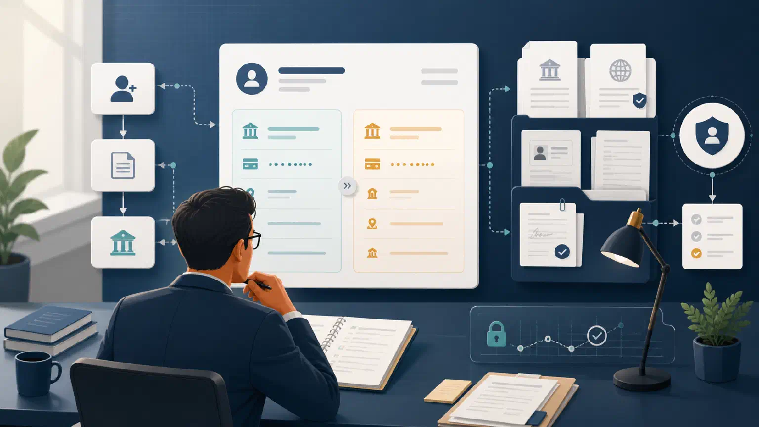 A finance reviewer checks a supplier record change packet, supporting evidence, and an approval checkpoint before a payment-impacting update.