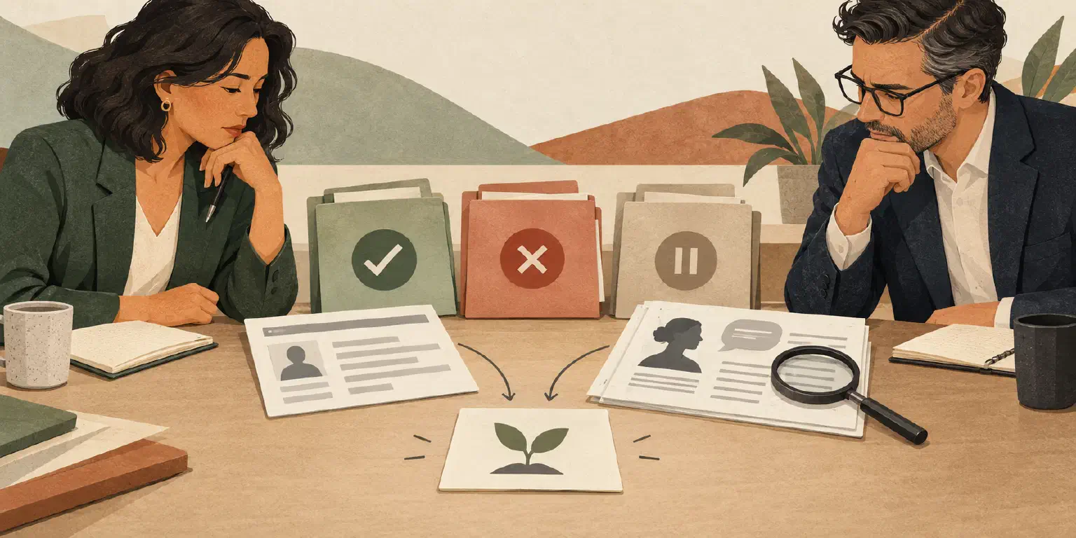 Two executives compare won, lost, and paused deal folders with an interview transcript beside a card showing a sprout.