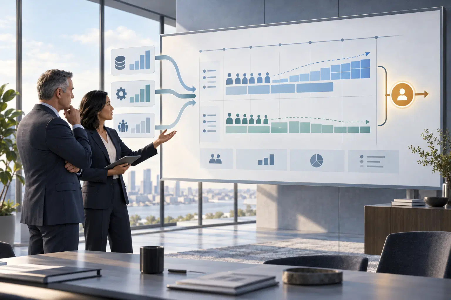 A CFO and COO review two workforce-capacity scenarios on a planning board fed by finance, operations, and workforce data.