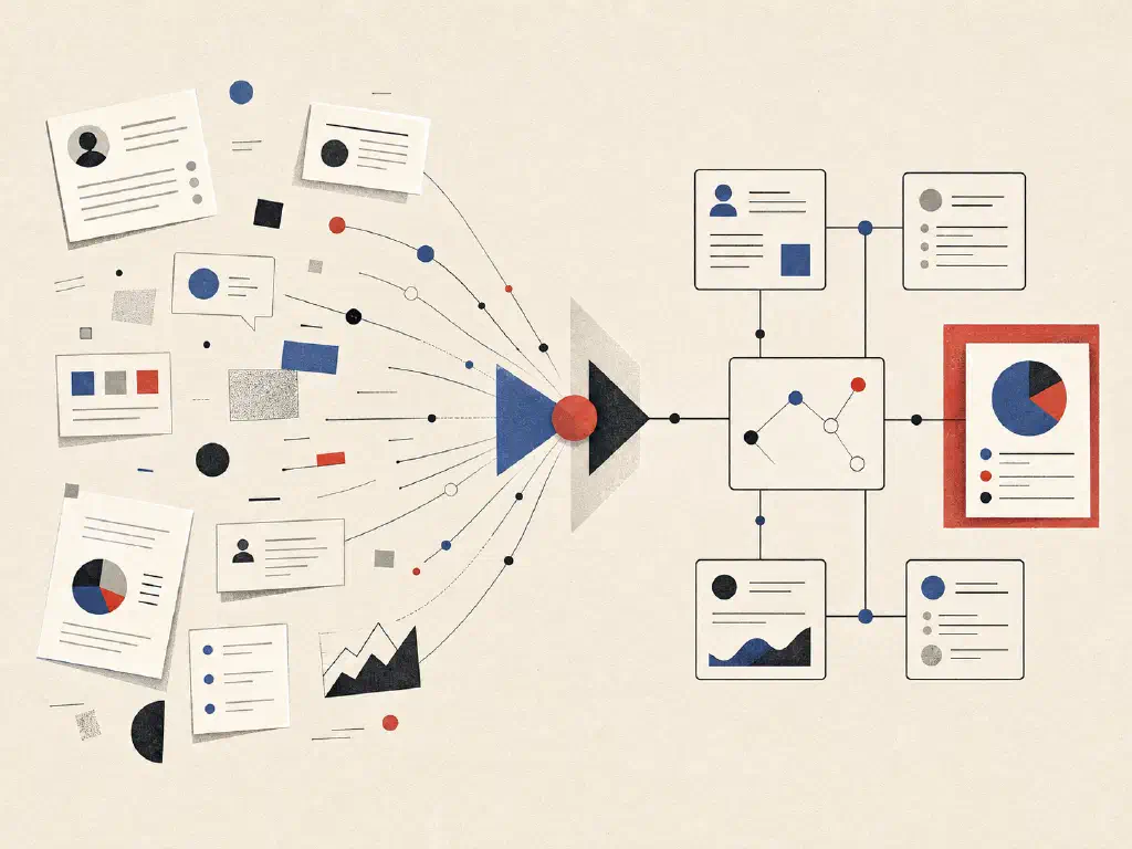 Scattered business reports flowing through shared context into connected records and a summary chart.