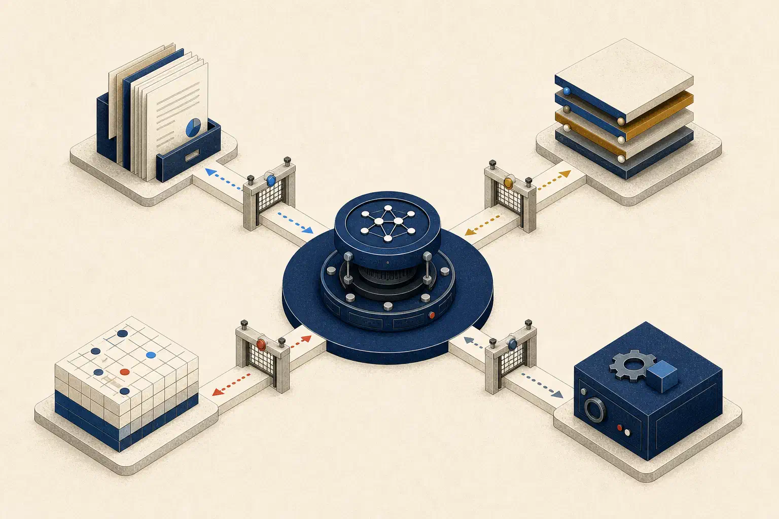Four governed connection paths between an AI agent and enterprise business systems.