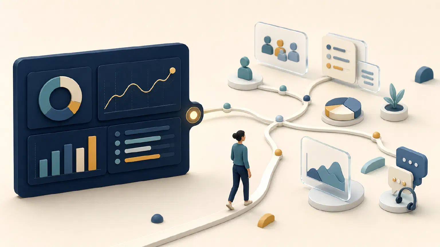 A dashboard metric branching into evidence-backed follow-up questions and a business decision.