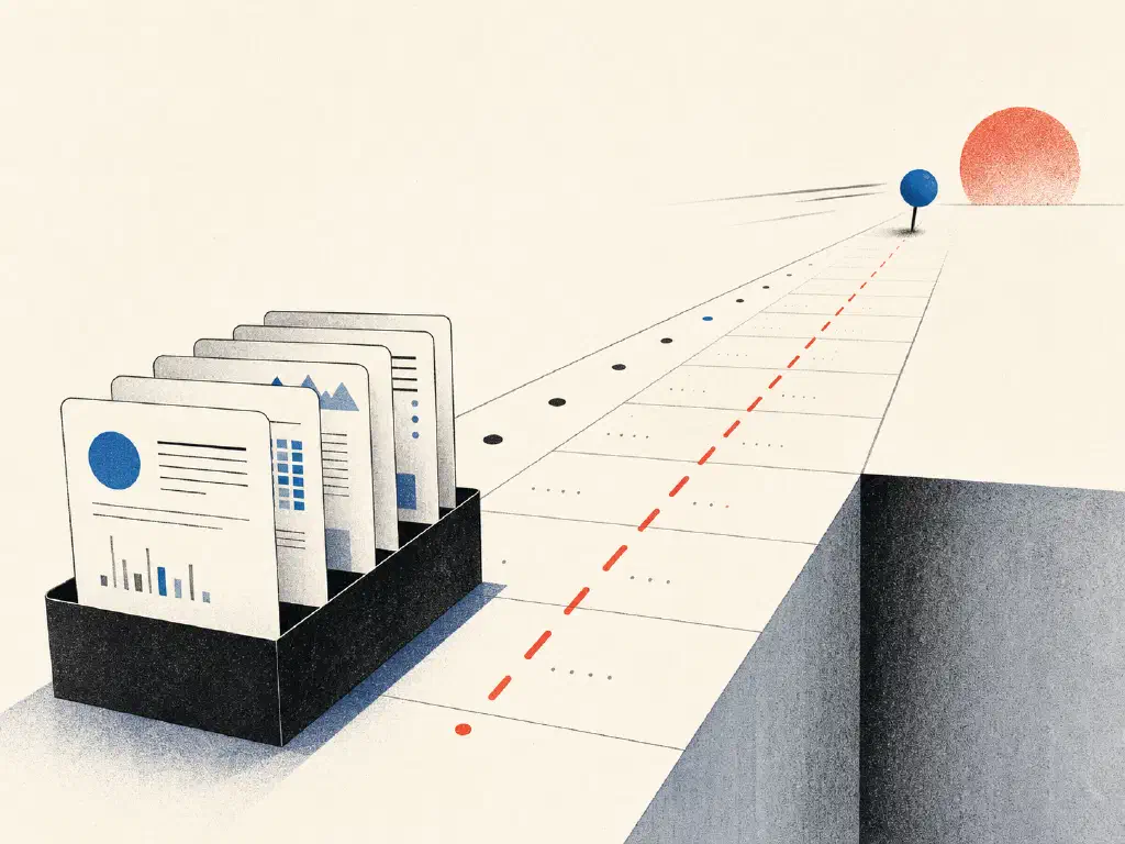 Business reports waiting in a queue at the start of a long road toward a decision marker.