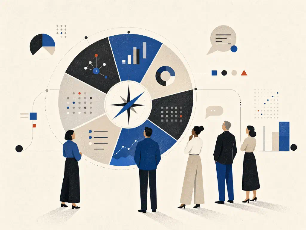 Leadership team tracing seven business questions from a metric to a decision