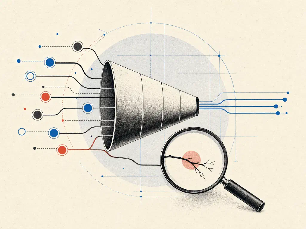 Opportunity signals passing through a sales funnel while a magnifying glass exposes a hidden risk.