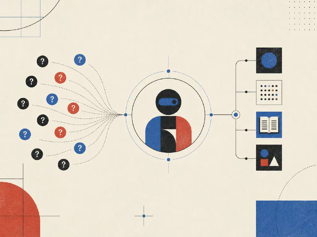 Recurring question marks flowing into a focused agent connected to approved information sources.