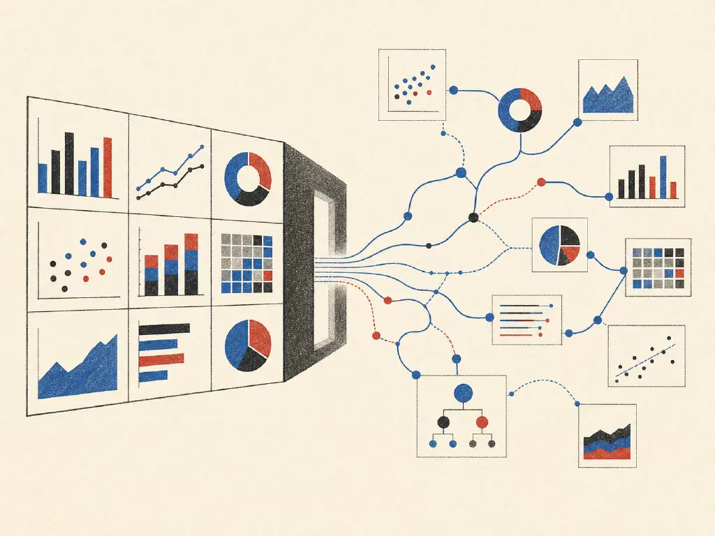 A business user following a question from a dashboard through governed data sources to a decision.